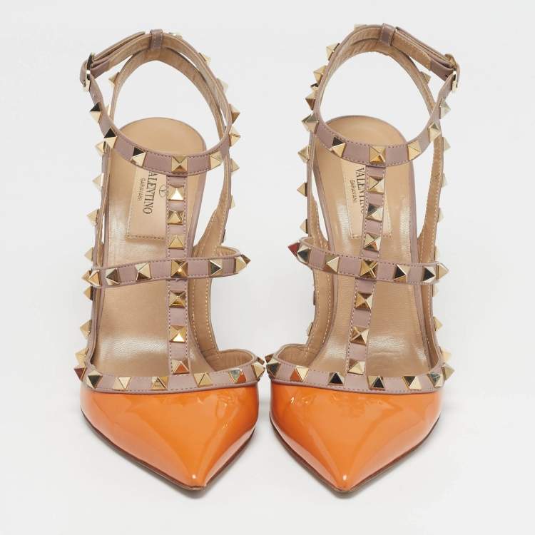 Pre Owned Valentino Rockstud Size 39 Beige/Orange Leather and Patent Ankle Strap Pumps