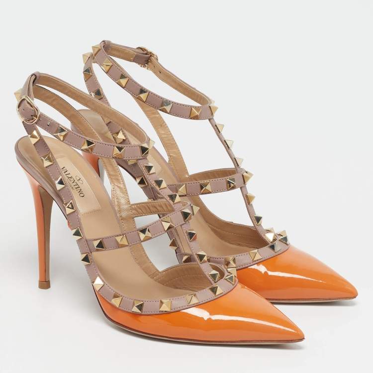 Pre Owned Valentino Rockstud Size 39 Beige/Orange Leather and Patent Ankle Strap Pumps