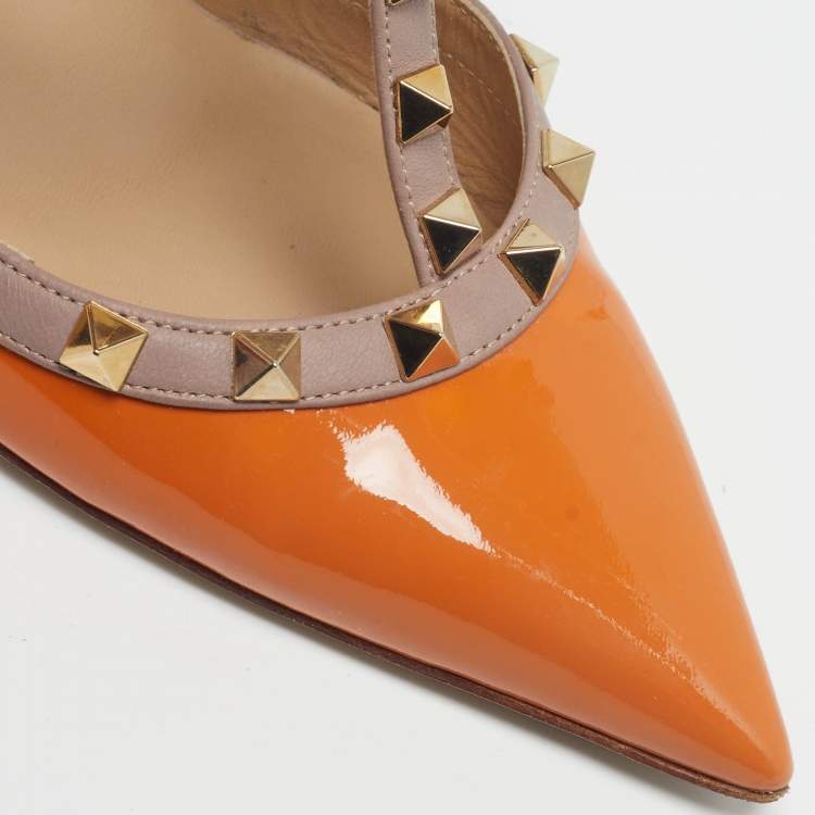 Pre Owned Valentino Rockstud Size 39 Beige/Orange Leather and Patent Ankle Strap Pumps
