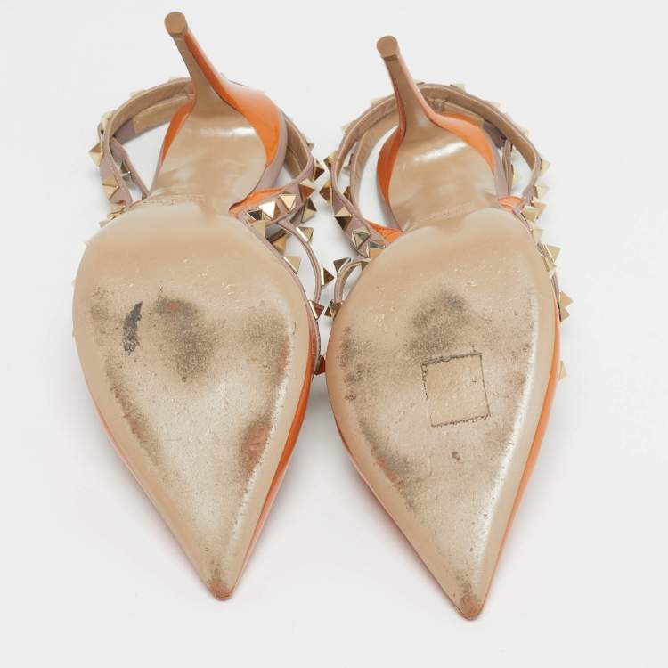 Pre Owned Valentino Rockstud Size 39 Beige/Orange Leather and Patent Ankle Strap Pumps