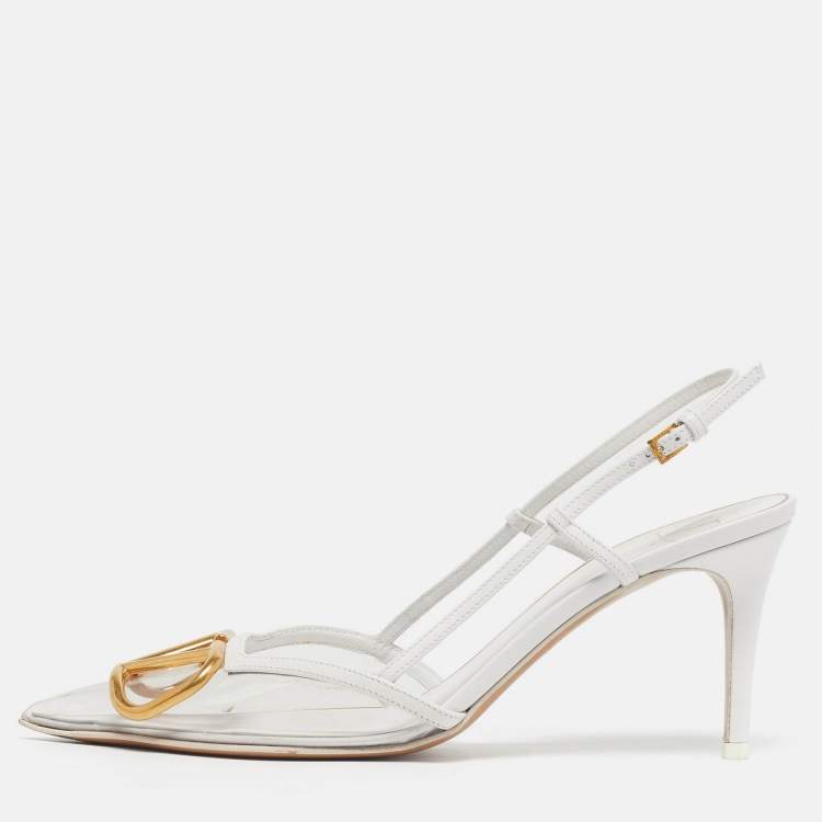 Pre Owned Valentino VLogo Size 38 White/Transparent Leather and PVC Slingback Pumps