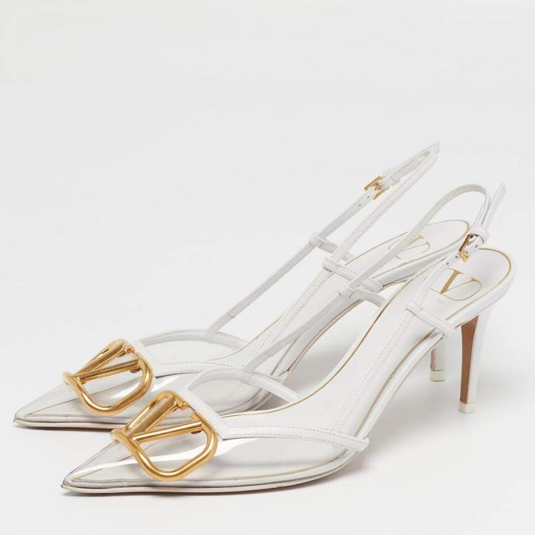 Pre Owned Valentino VLogo Size 38 White/Transparent Leather and PVC Slingback Pumps