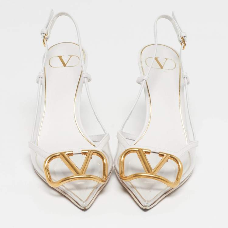Pre Owned Valentino VLogo Size 38 White/Transparent Leather and PVC Slingback Pumps