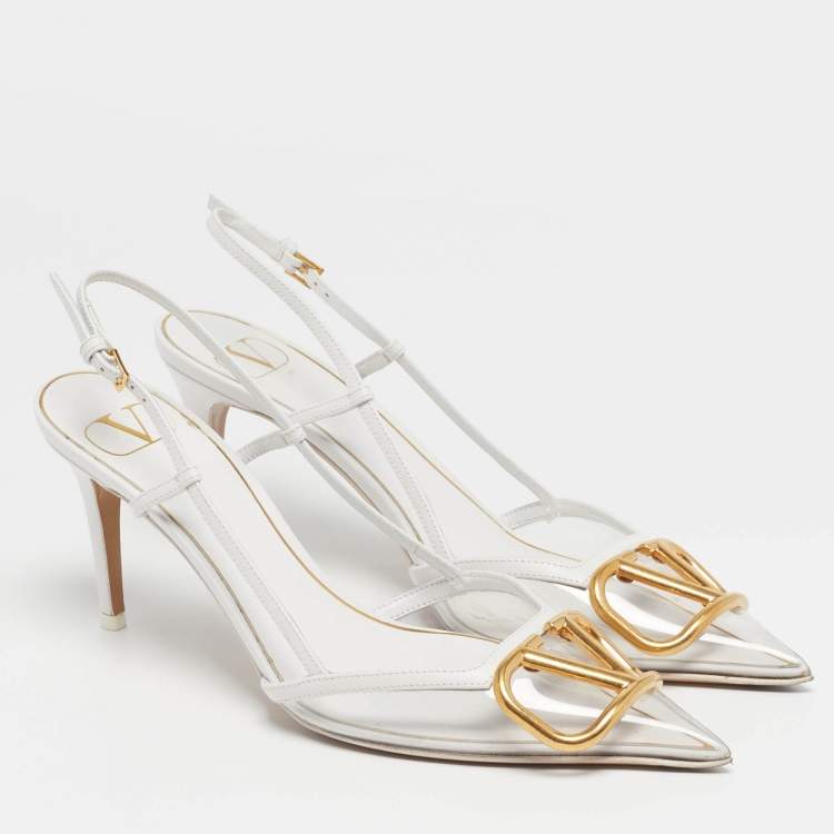 Pre Owned Valentino VLogo Size 38 White/Transparent Leather and PVC Slingback Pumps