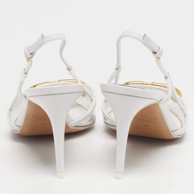 Pre Owned Valentino VLogo Size 38 White/Transparent Leather and PVC Slingback Pumps