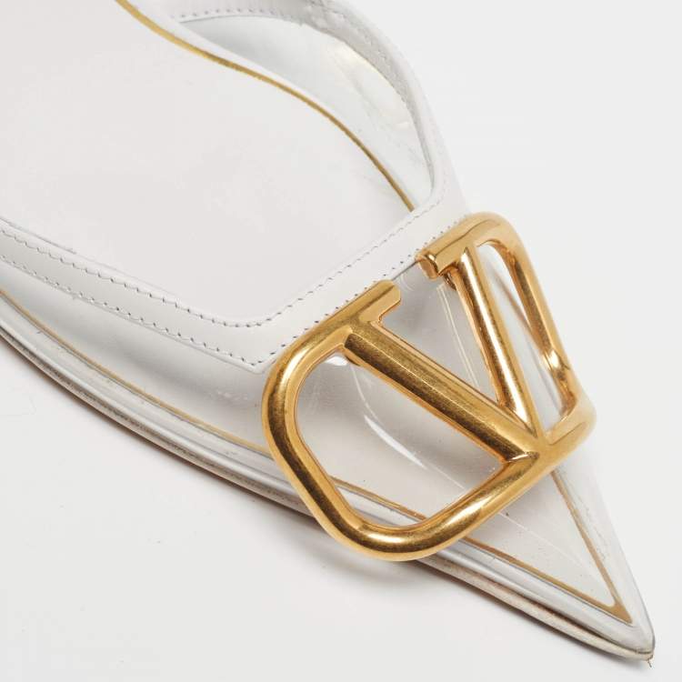 Pre Owned Valentino VLogo Size 38 White/Transparent Leather and PVC Slingback Pumps