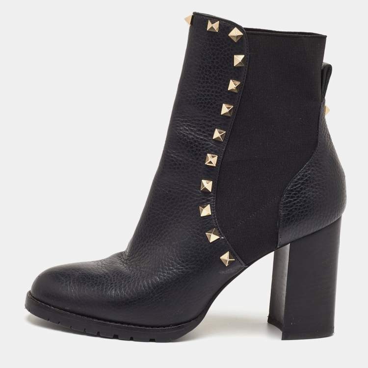 مملوكة مسبقًا Valentino Rockstud Size 37.5 Black Leather Block Heel Ankle Length Boots