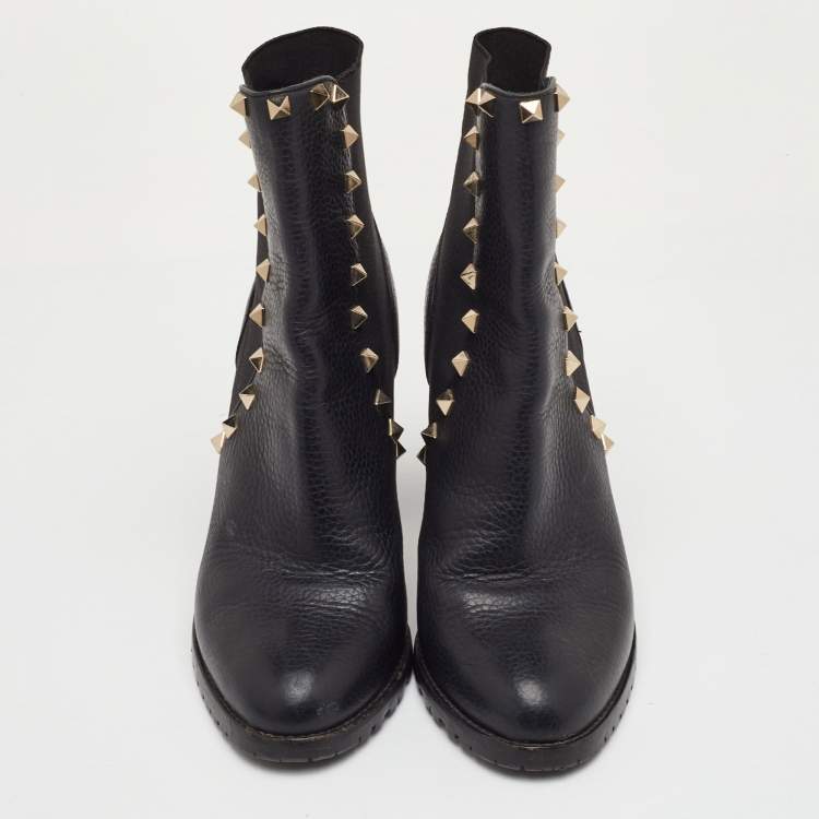 مملوكة مسبقًا Valentino Rockstud Size 37.5 Black Leather Block Heel Ankle Length Boots