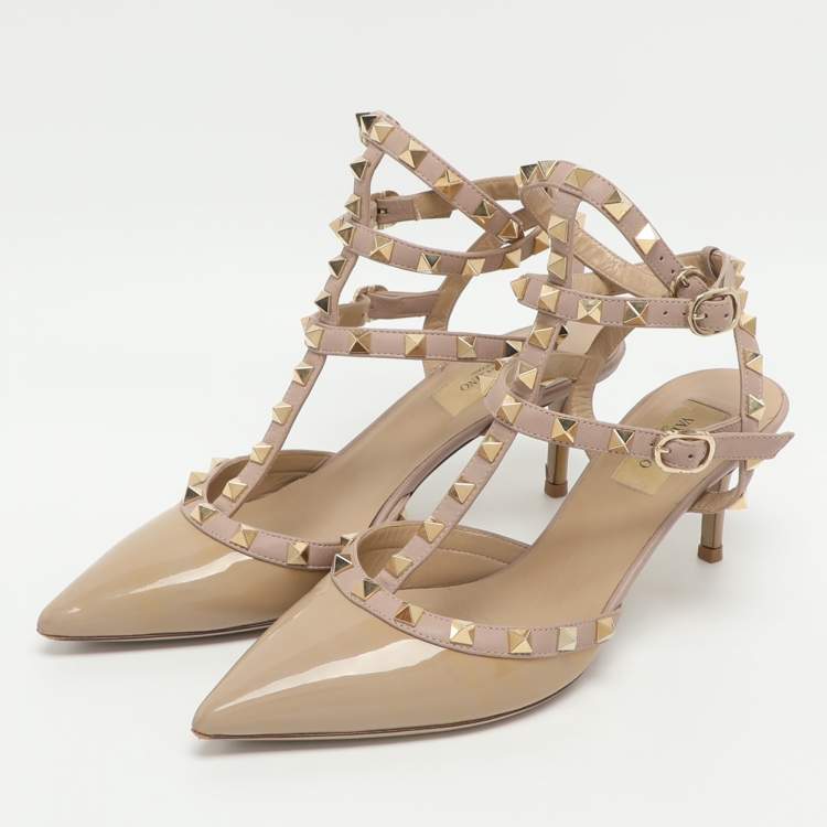 Pre Owned حذاء فالتنينو روكستد بيج لامع وجلد بحزام كاحل مقاس 38.5