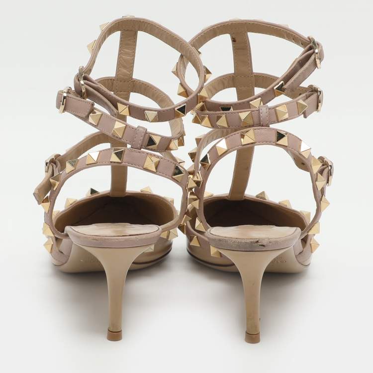 Pre Owned حذاء فالتنينو روكستد بيج لامع وجلد بحزام كاحل مقاس 38.5