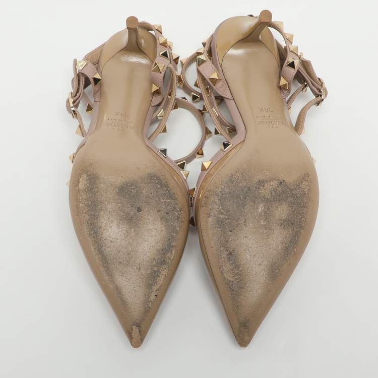 Pre Owned حذاء فالتنينو روكستد بيج لامع وجلد بحزام كاحل مقاس 38.5