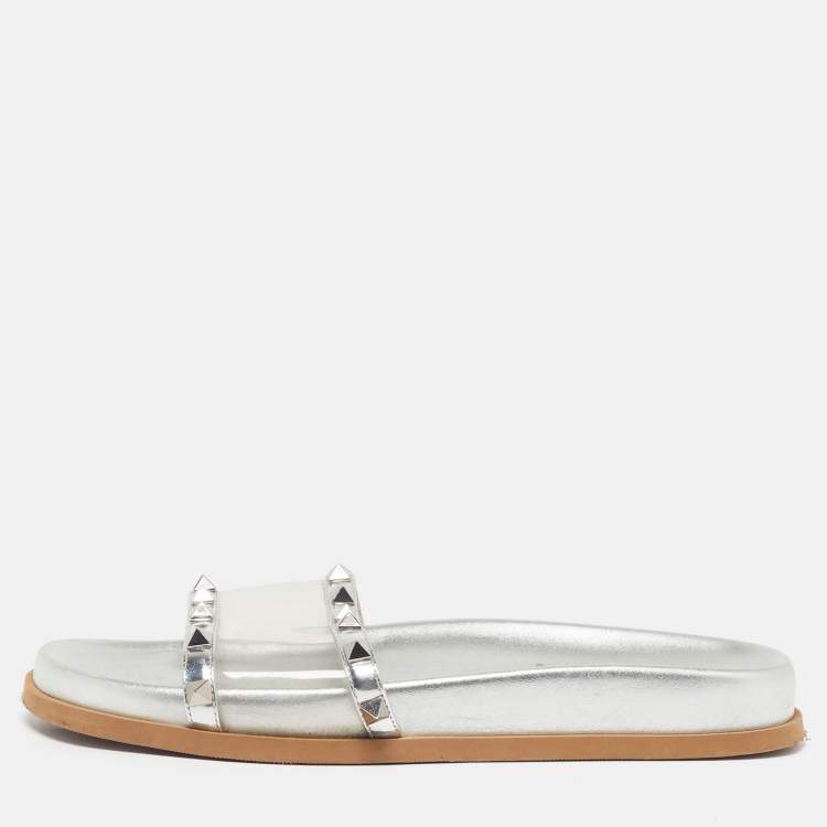 مملوكة مسبقًا Valentino  Size 37 Silver/Transperent Leather And PVC Rockstud Flat Slides