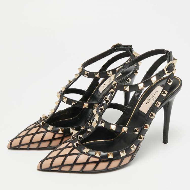 Pre Owned Valentino Rockstud Size 39 Black Leather Ankle Strap Pumps