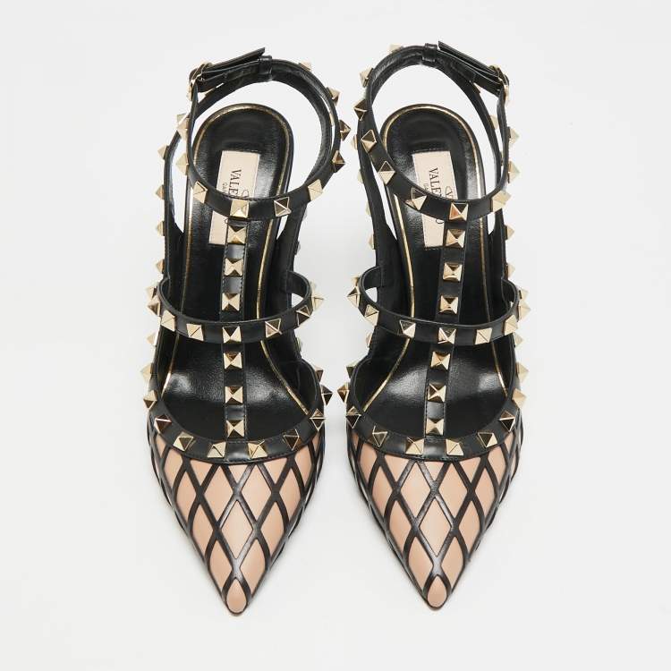 Pre Owned Valentino Rockstud Size 39 Black Leather Ankle Strap Pumps