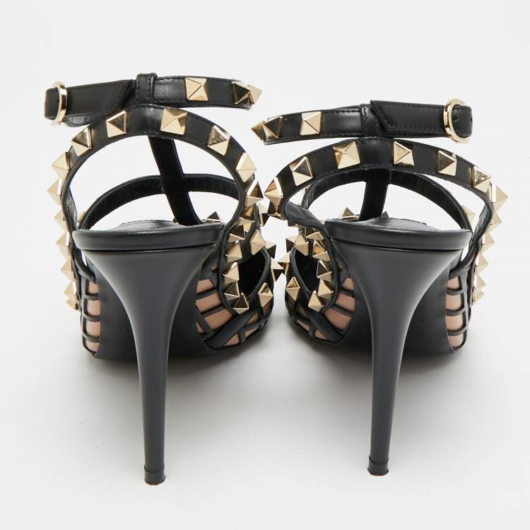Pre Owned Valentino Rockstud Size 39 Black Leather Ankle Strap Pumps