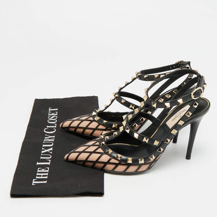 Pre Owned Valentino Rockstud Size 39 Black Leather Ankle Strap Pumps