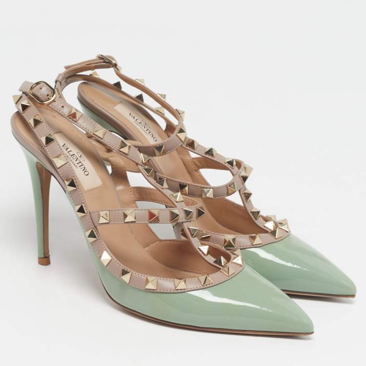 Pre Owned Valentino Rockstud Caged Size 39 Green/Dusty Pink Patent and Leather Ankle Strap Pumps