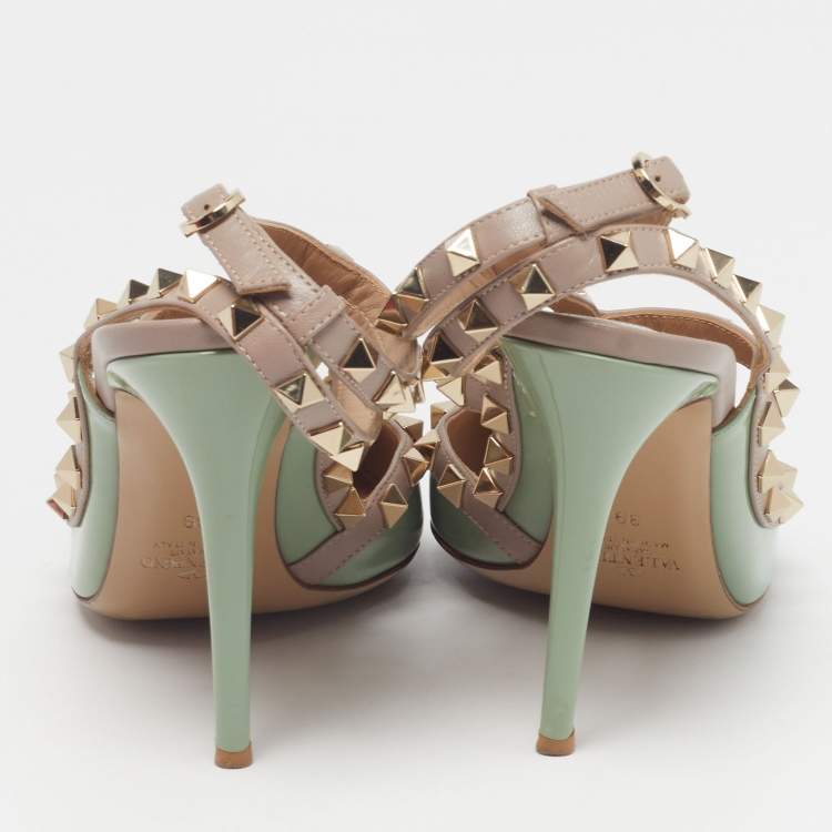 Pre Owned Valentino Rockstud Caged Size 39 Green/Dusty Pink Patent and Leather Ankle Strap Pumps