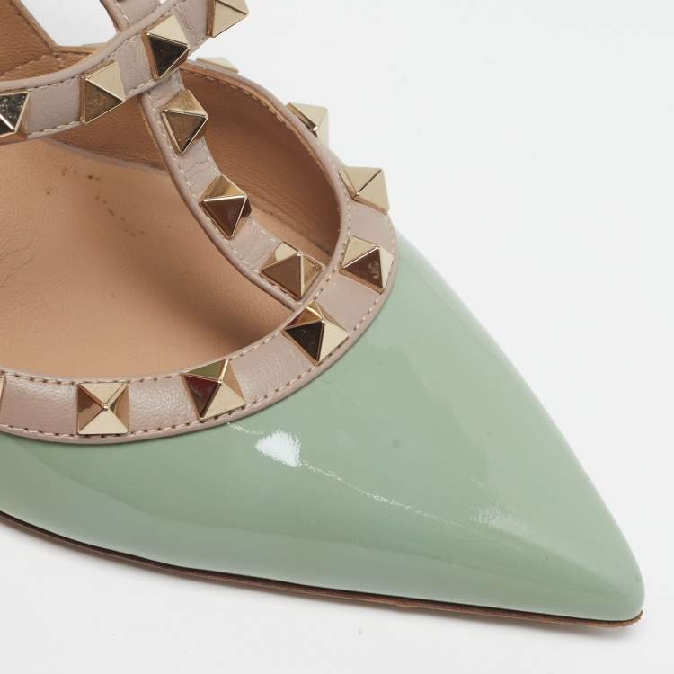 Pre Owned Valentino Rockstud Caged Size 39 Green/Dusty Pink Patent and Leather Ankle Strap Pumps