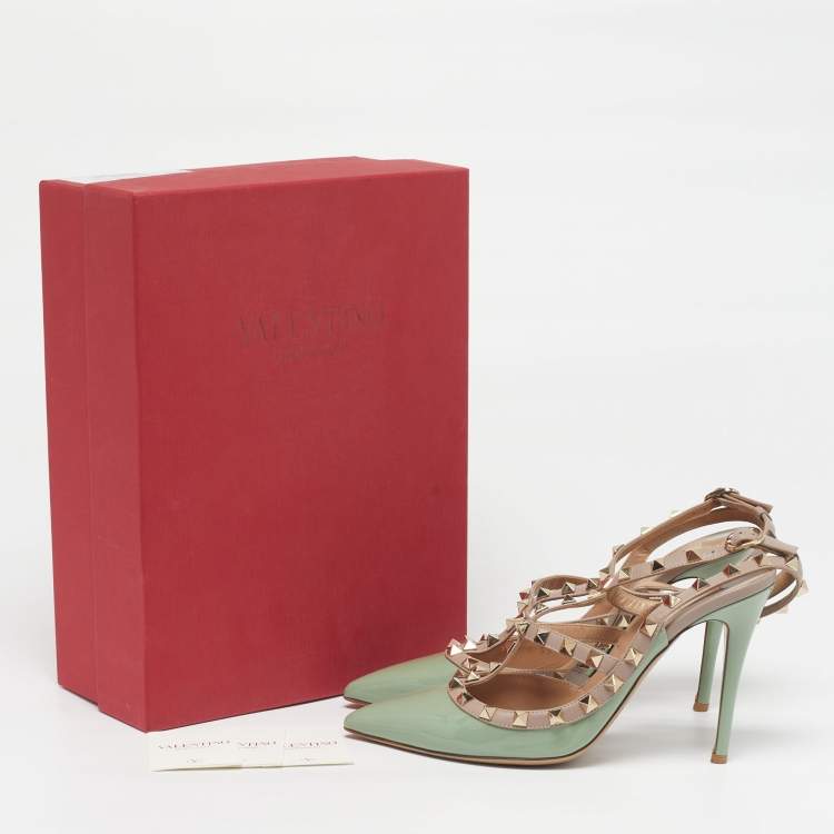 Pre Owned Valentino Rockstud Caged Size 39 Green/Dusty Pink Patent and Leather Ankle Strap Pumps