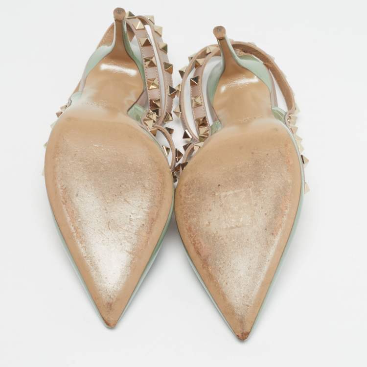 Pre Owned Valentino Rockstud Caged Size 39 Green/Dusty Pink Patent and Leather Ankle Strap Pumps