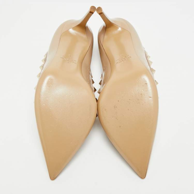 Pre Owned Valentino Rockstud Size 38 Beige Leather and Patent Pumps