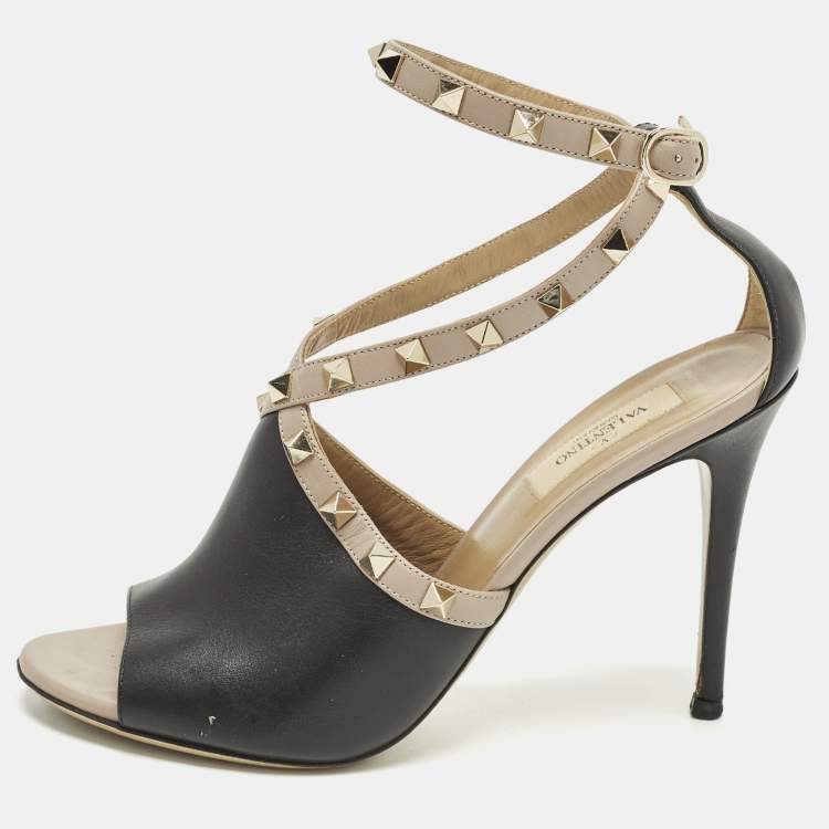 Pre Owned Valentino Rockstud Size 38 Black Leather Ankle Strap Open Teo Pumps