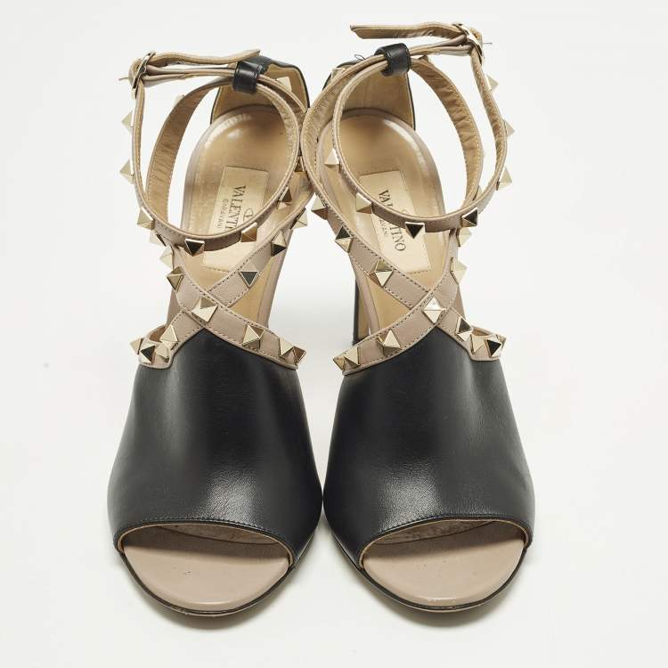 Pre Owned Valentino Rockstud Size 38 Black Leather Ankle Strap Open Teo Pumps