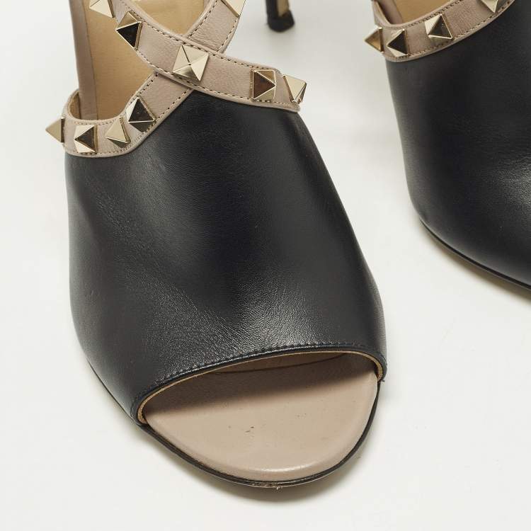 Pre Owned Valentino Rockstud Size 38 Black Leather Ankle Strap Open Teo Pumps