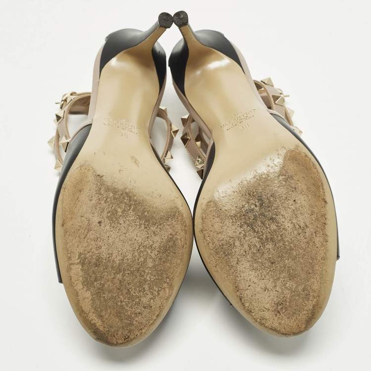 Pre Owned Valentino Rockstud Size 38 Black Leather Ankle Strap Open Teo Pumps