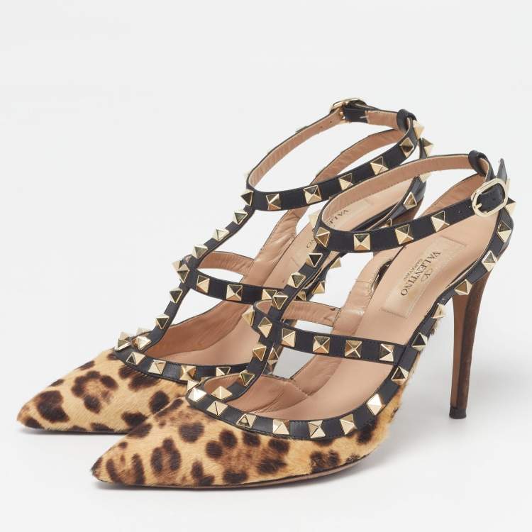 Pre Owned Valentino Rockstud Size 37.5 Multicolor Calf Hair and Leather Pumps