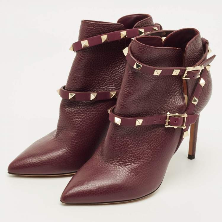 Pre Owned Valentino Rockstud Size 36 Burgundy Leather Pointed Toe  Ankle Length Boots