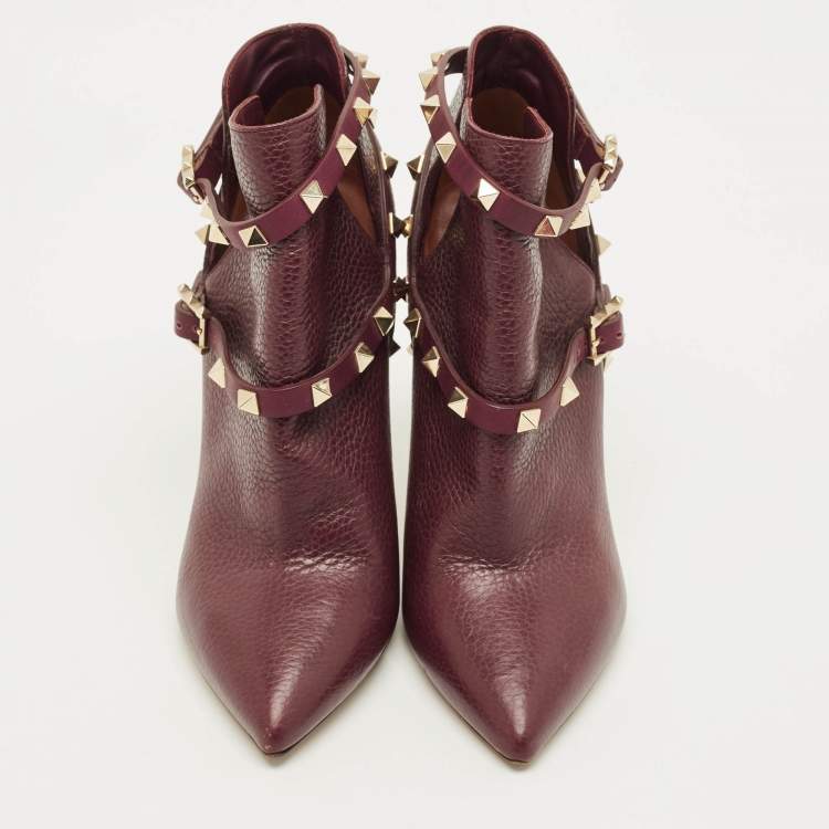 Pre Owned Valentino Rockstud Size 36 Burgundy Leather Pointed Toe  Ankle Length Boots