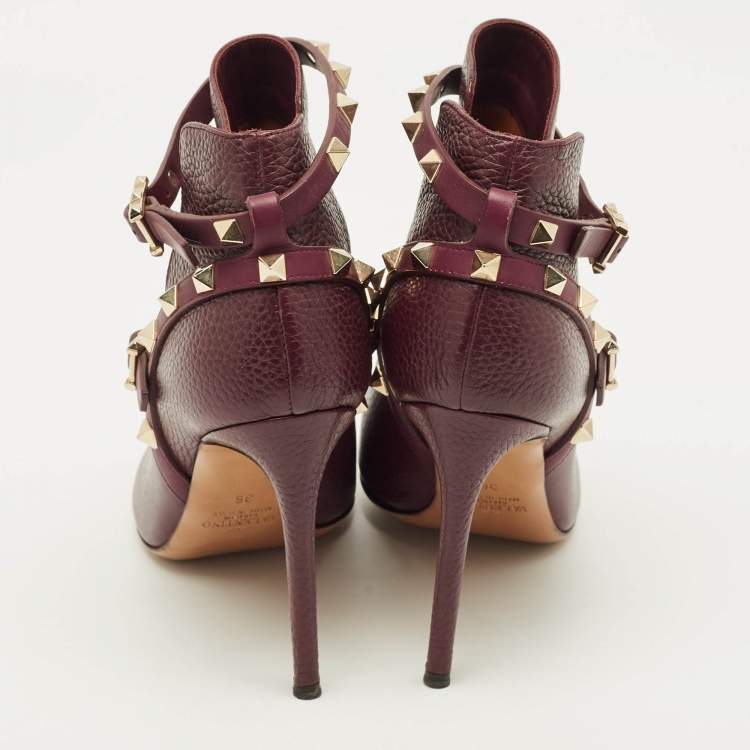 Pre Owned Valentino Rockstud Size 36 Burgundy Leather Pointed Toe  Ankle Length Boots