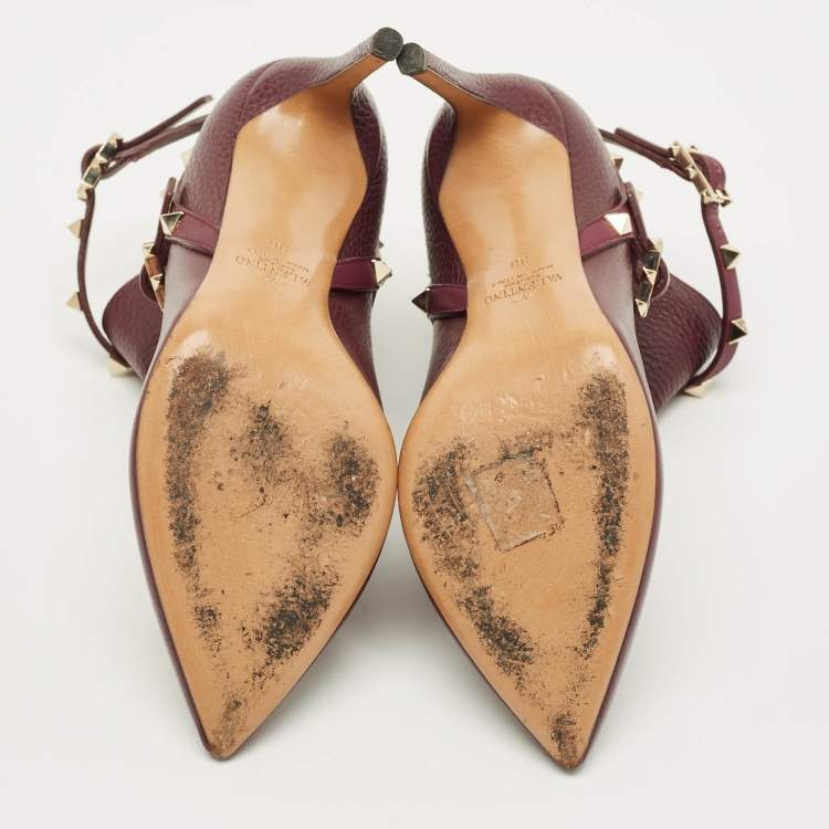 Pre Owned Valentino Rockstud Size 36 Burgundy Leather Pointed Toe  Ankle Length Boots