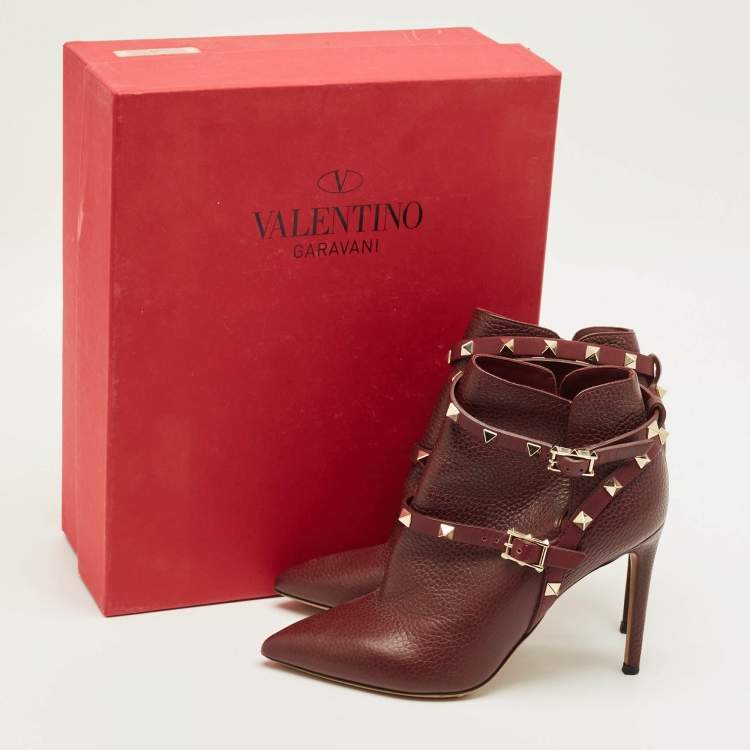 Pre Owned Valentino Rockstud Size 36 Burgundy Leather Pointed Toe  Ankle Length Boots