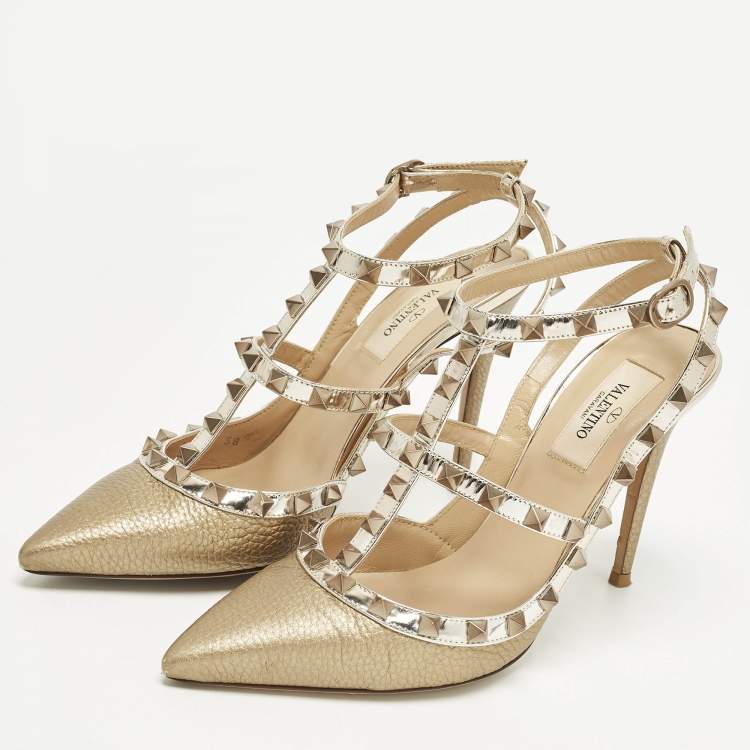 Pre Owned Valentino Rockstud Size 38 Two Tone Leather Ankle Strap Pumps
