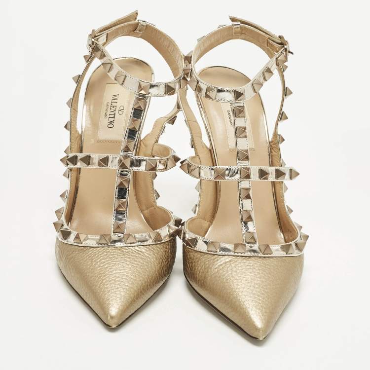 Pre Owned Valentino Rockstud Size 38 Two Tone Leather Ankle Strap Pumps