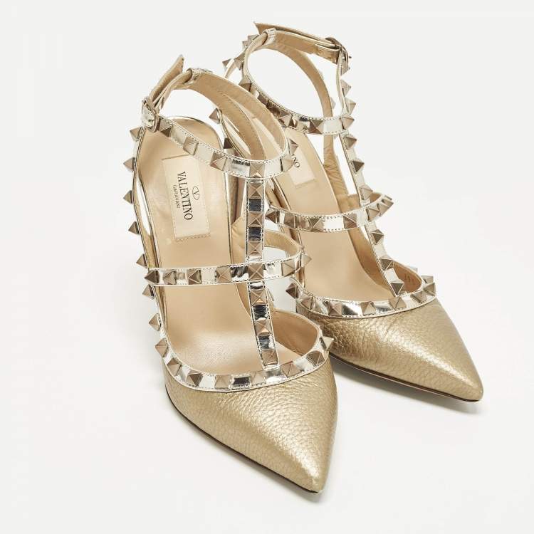 Pre Owned Valentino Rockstud Size 38 Two Tone Leather Ankle Strap Pumps