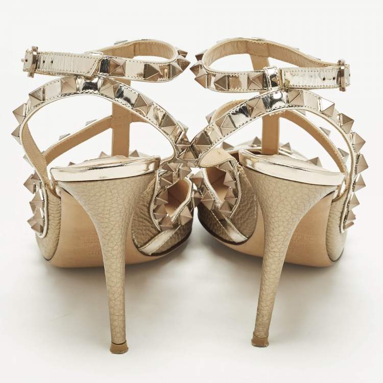 Pre Owned Valentino Rockstud Size 38 Two Tone Leather Ankle Strap Pumps