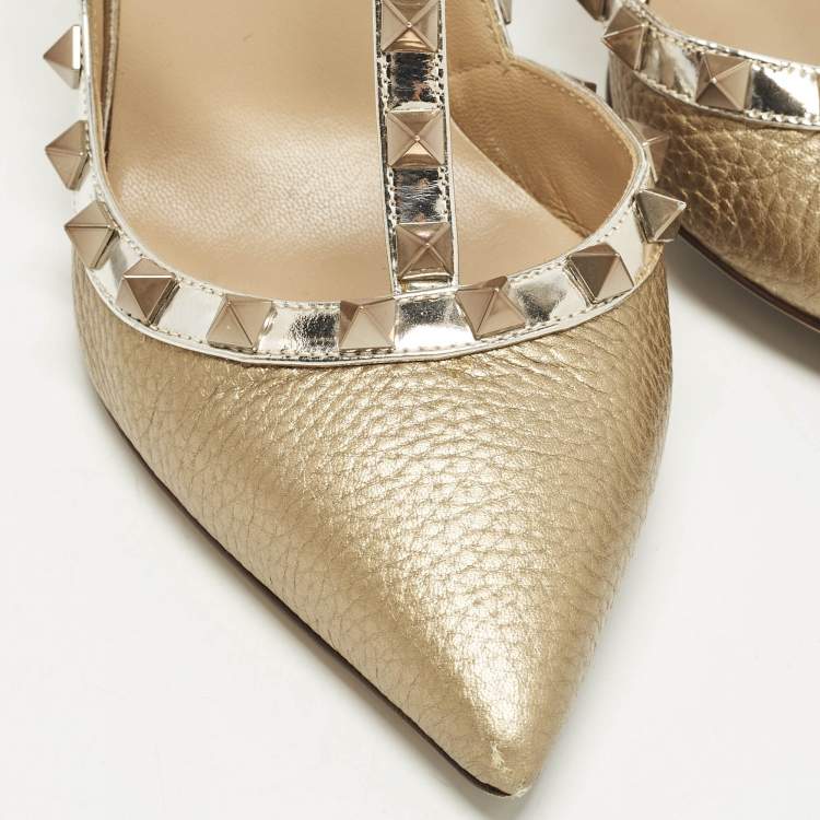 Pre Owned Valentino Rockstud Size 38 Two Tone Leather Ankle Strap Pumps