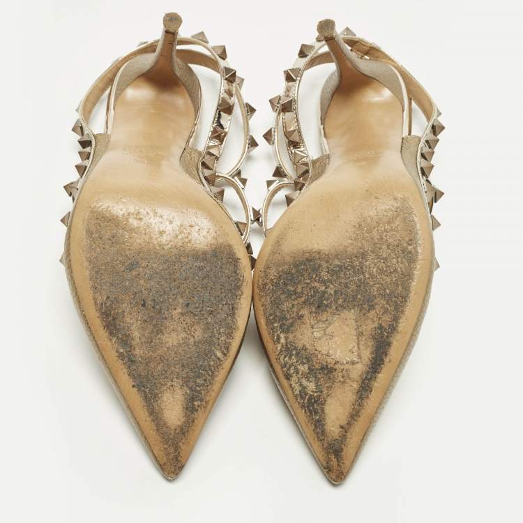 Pre Owned Valentino Rockstud Size 38 Two Tone Leather Ankle Strap Pumps