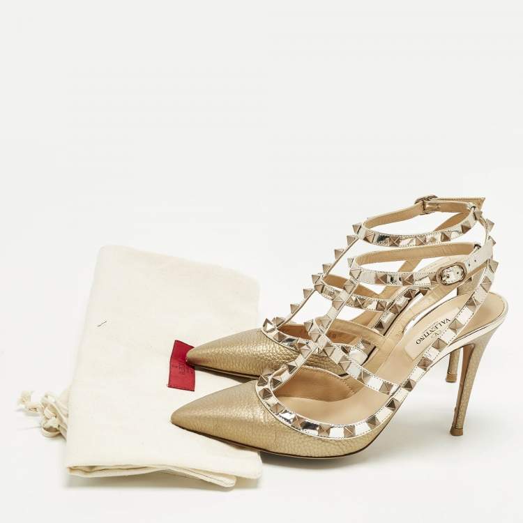 Pre Owned Valentino Rockstud Size 38 Two Tone Leather Ankle Strap Pumps