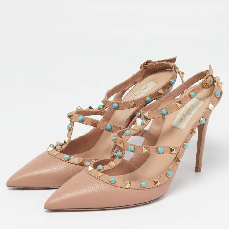 مملوكة مسبقًا Valentino Rolling Rockstud Caged Size 42 Pink Leather Ankle Strap Pumps
