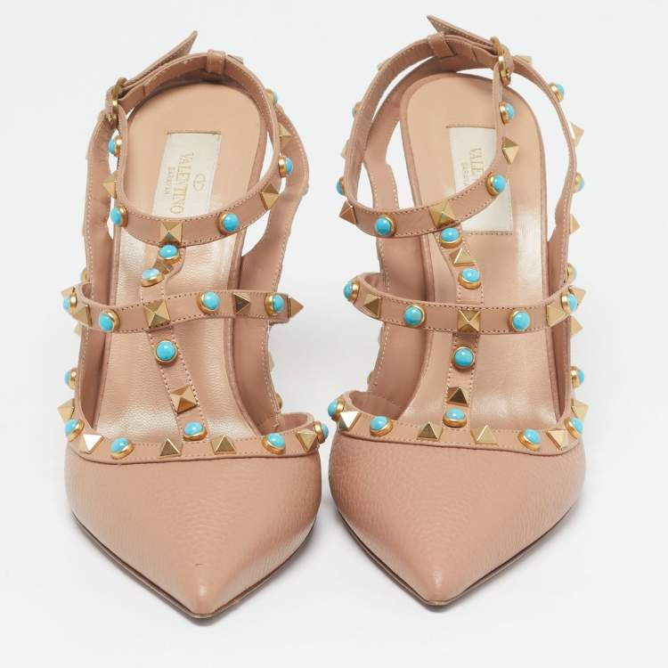 مملوكة مسبقًا Valentino Rolling Rockstud Caged Size 42 Pink Leather Ankle Strap Pumps