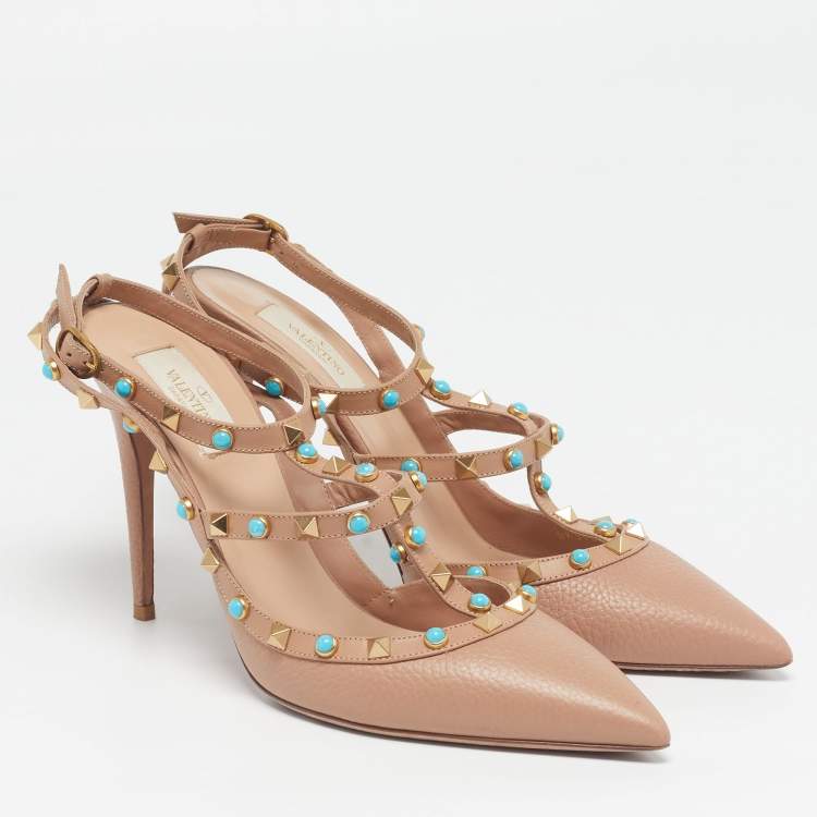 مملوكة مسبقًا Valentino Rolling Rockstud Caged Size 42 Pink Leather Ankle Strap Pumps