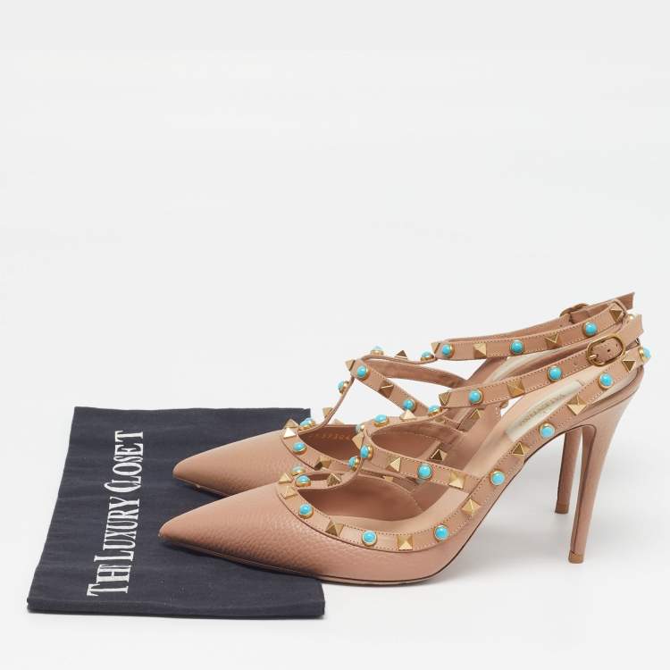 مملوكة مسبقًا Valentino Rolling Rockstud Caged Size 42 Pink Leather Ankle Strap Pumps