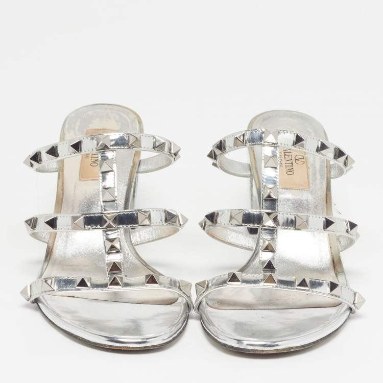 Pre Owned Valentino Rockstud Size 37.5 Silver Leather Slide Sandals