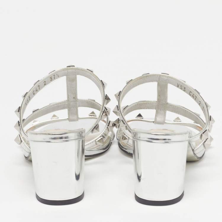 Pre Owned Valentino Rockstud Size 37.5 Silver Leather Slide Sandals