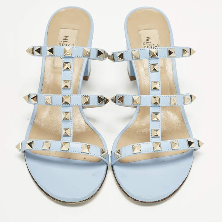 Pre Owned Valentino Rockstud Size 36.5 Light Blue Leather Block Heel Slide Sandals